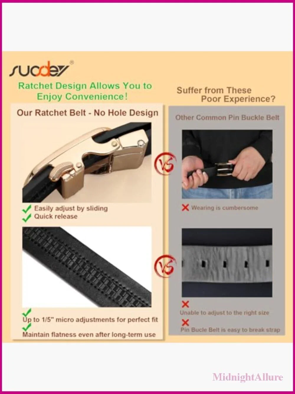 Women Leather Ratchet Belt with Gold Automatic Sliding Buckle 1.2